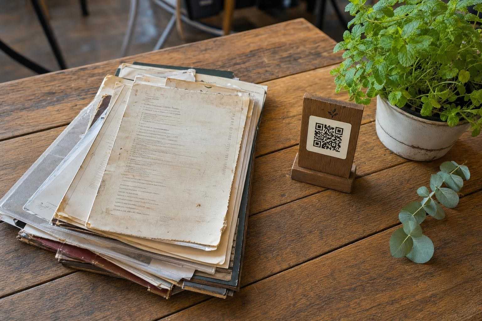 A stack of worn paper menus next to a single reusable QR code stand and a green plant